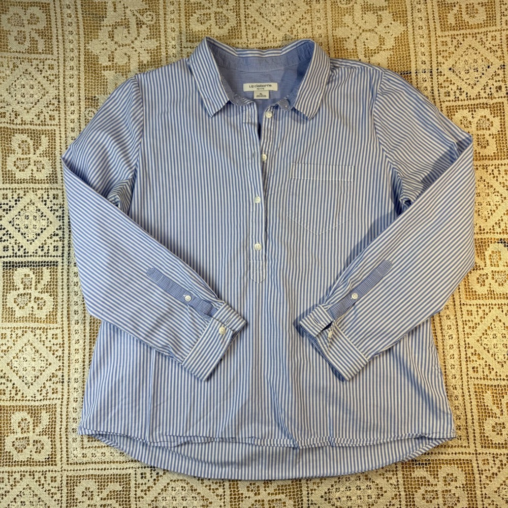 Vtg 90s Liz Claiborne Blue Striped Button Shirt Nautical Preppy Layering PL